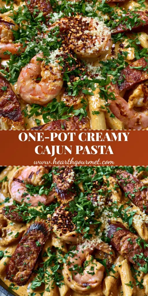 Cajun Shrimp and Sausage Pasta: The Ultimate Creamy One-Pot Skillet Dinner 4 A rustic matte black skillet filled with creamy Cajun Shrimp and Sausage Pasta, garnished with fresh parsley and red pepper flakes.