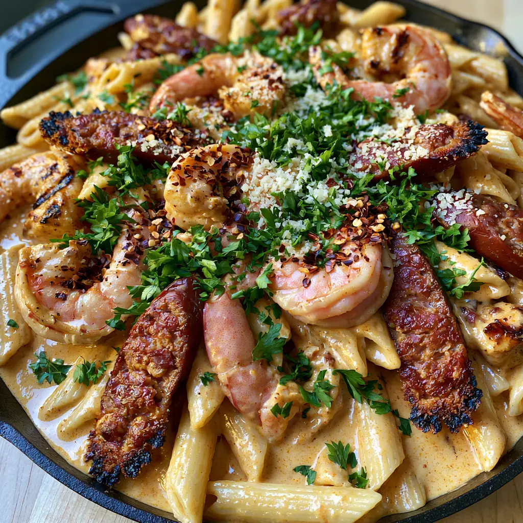 Cajun Shrimp and Sausage Pasta: The Ultimate Creamy One-Pot Skillet Dinner 2 Top-down macro shot of Cajun Shrimp and Sausage Pasta with succulent charred shrimp and browned andouille sausage.