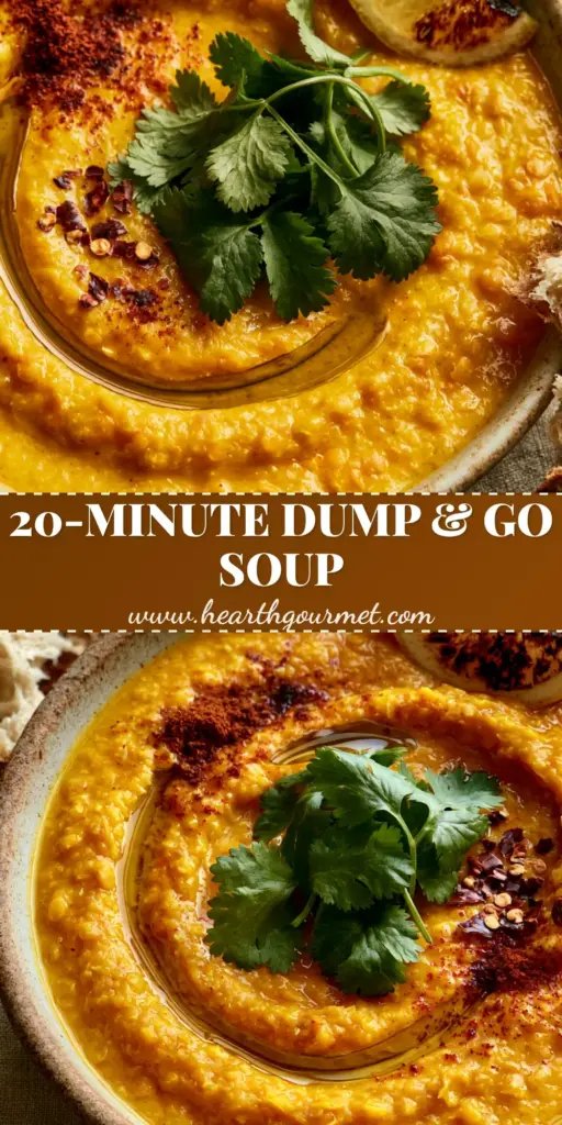 An overhead close-up of Instant Pot Lentil Soup in a rustic ceramic bowl with a swirl of olive oil, smoked paprika, and cilantro, served with charred lemon and sourdough bread.