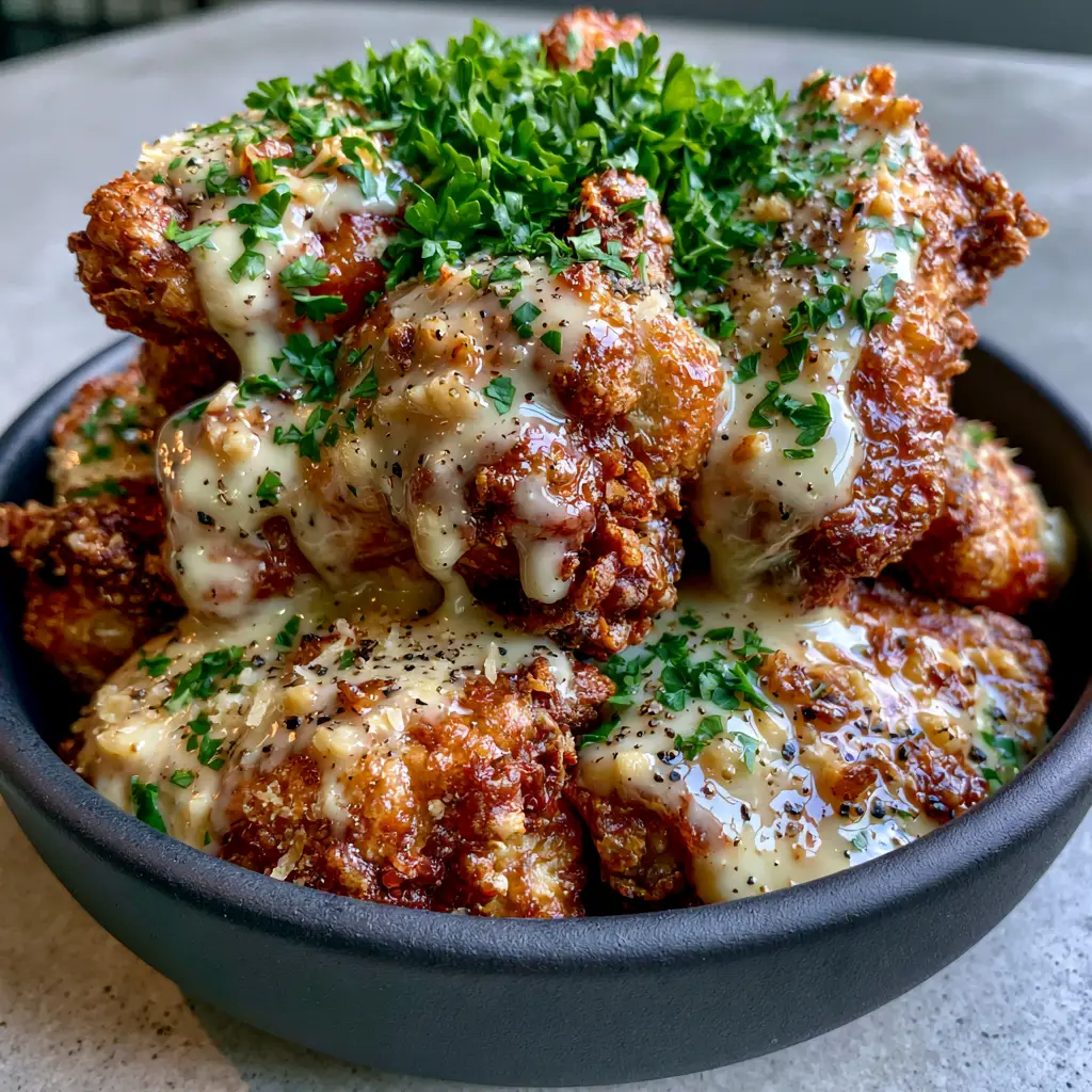 Close up of the texture of extra-crispy chicken wings coated in garlic parmesan sauce.