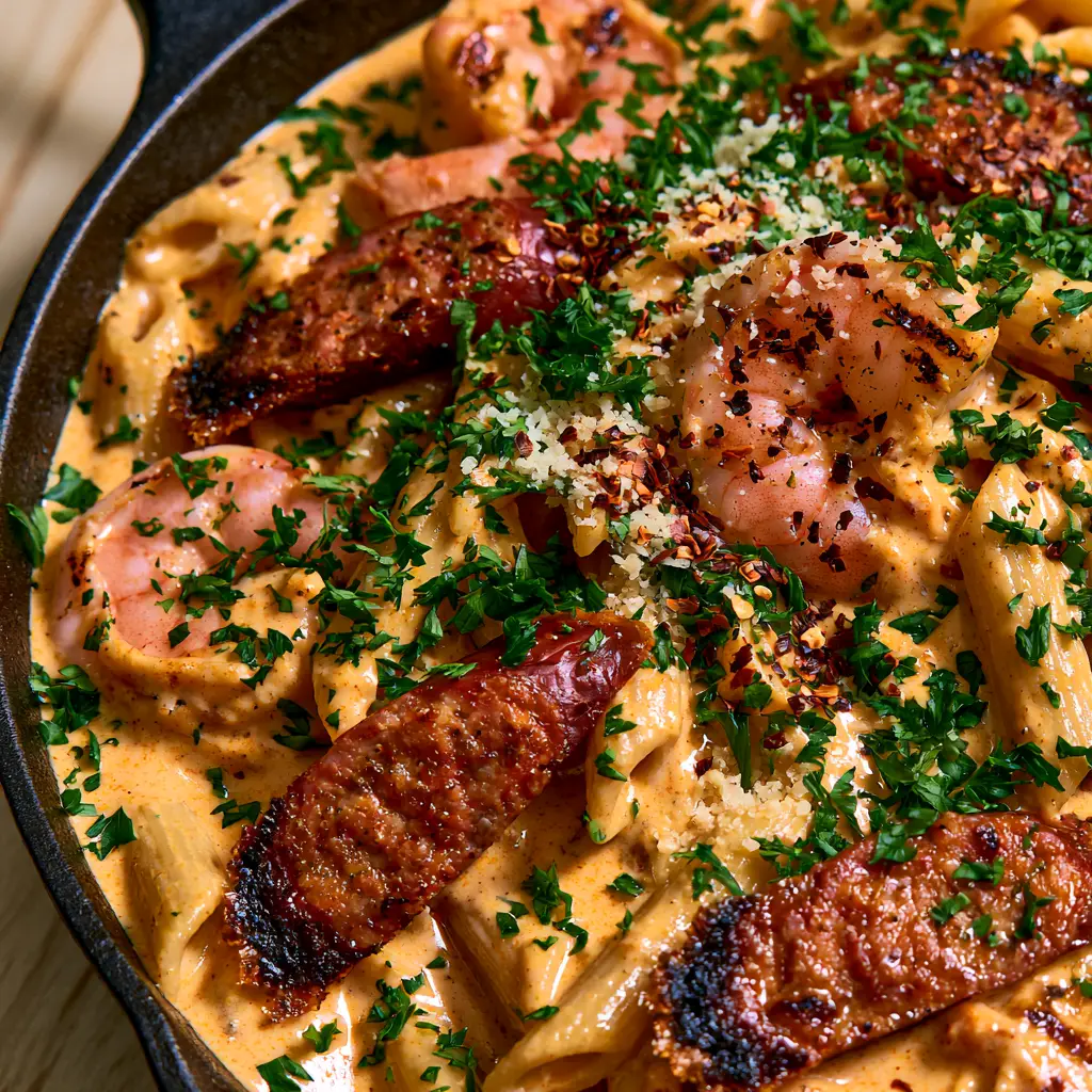 Cajun Shrimp and Sausage Pasta: The Ultimate Creamy One-Pot Skillet Dinner 1 Diagonal slices of smoky andouille sausage and large pink shrimp in a creamy Cajun pasta sauce inside a cast iron skillet.