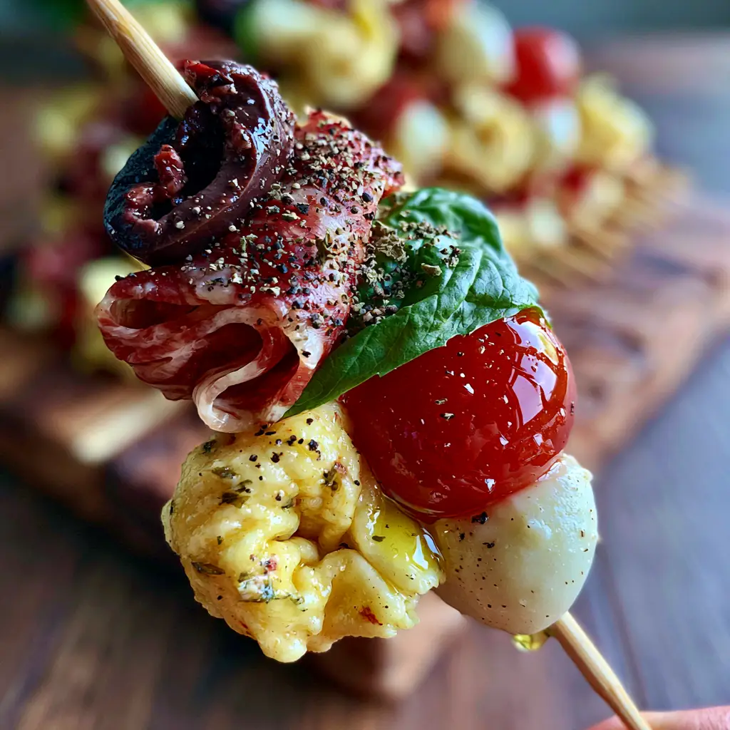 A single Italian Antipasto Skewer held up against a soft-focus background of more skewers on a wooden board. (Italian Antipasto Skewers)