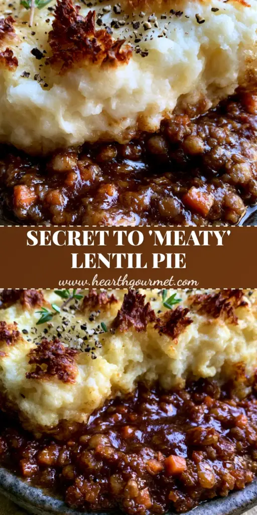 Lentil Shepherd's Pie with Umami Mushroom Gravy and Golden Potato Peaks 4 A rustic stoneware dish featuring a scoop of lentil shepherd's pie with a dark mahogany gravy and golden toasted potato peaks.