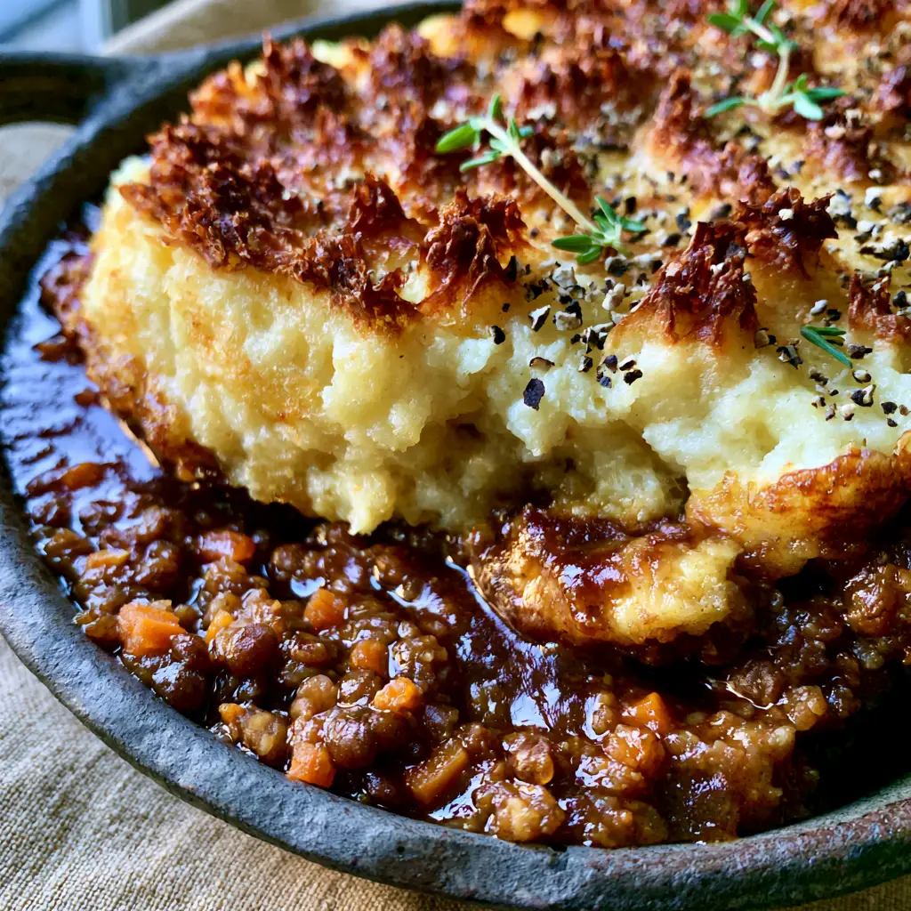 Lentil Shepherd's Pie with Umami Mushroom Gravy and Golden Potato Peaks 2 Extreme close-up of a spoon scooping into a lentil shepherd's pie, revealing thick mahogany gravy and brown lentils.