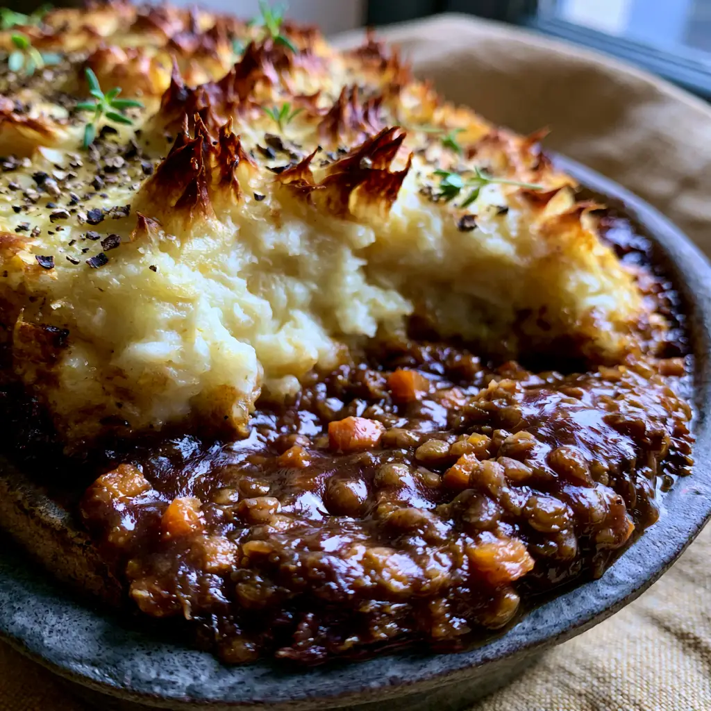 Lentil Shepherd's Pie with Umami Mushroom Gravy and Golden Potato Peaks 1 A top-down view of the golden-brown crispy potato peaks on a lentil shepherd's pie with fresh thyme garnish.
