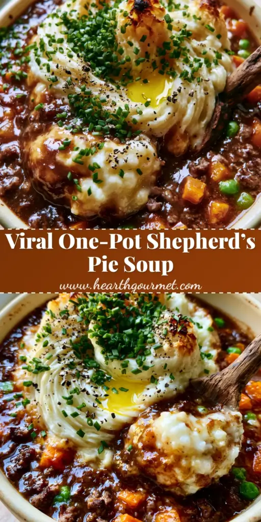 A rustic bowl of Shepherd’s Pie Soup with a high swirl of charred mashed potatoes, melted butter, and fresh chives.