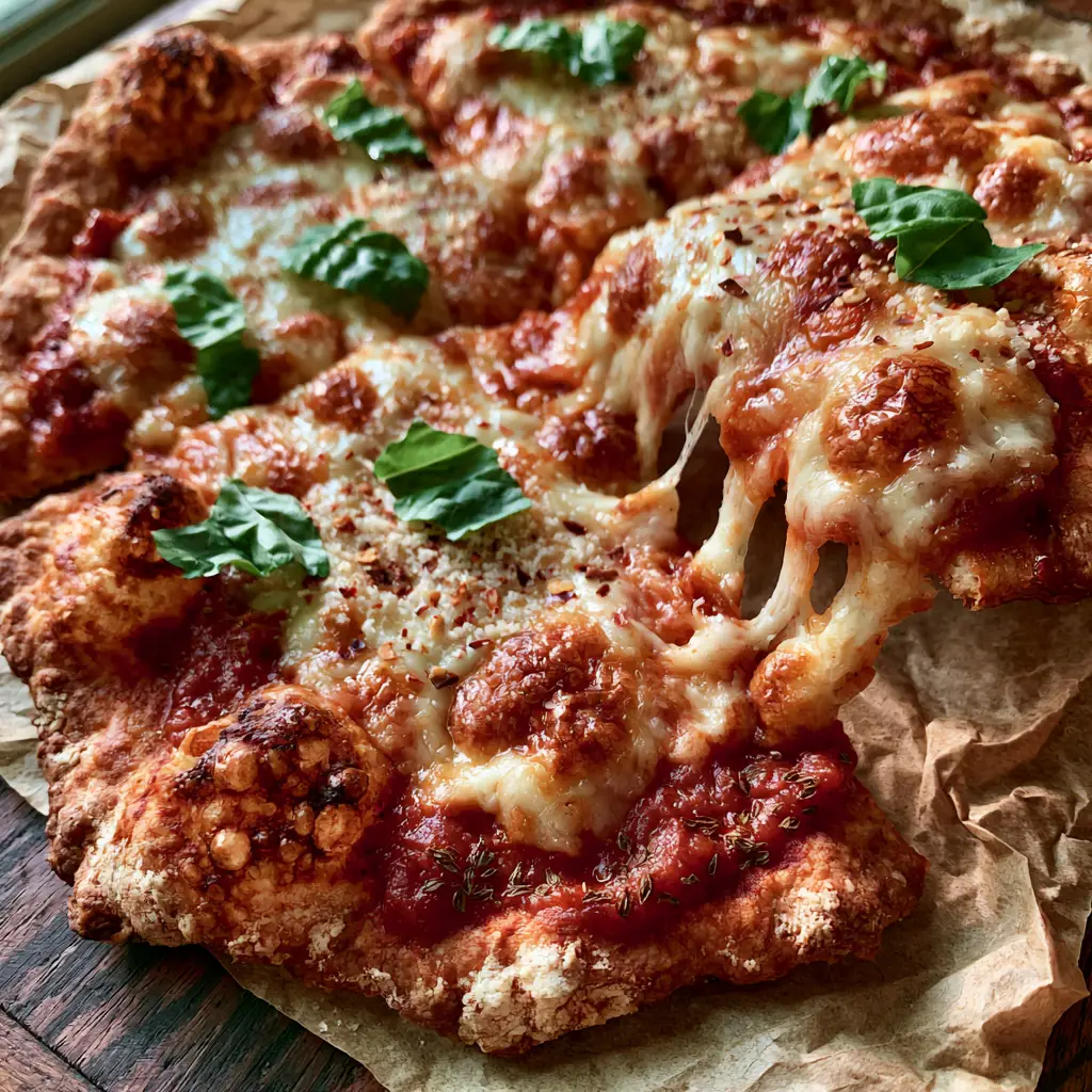 Easy Pizza Recipe: 10-Minute No-Yeast Thin Crust with Dramatic Cheese Stretch 2 Extreme close-up of a rustic, thin-crust pizza on parchment paper with golden-brown charred edges and blistered cheese. (easy pizza recipe)