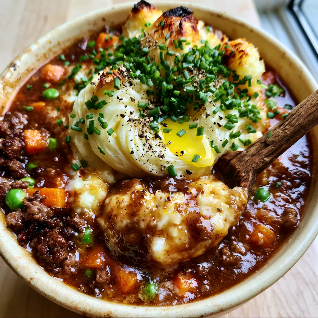 A wooden spoon lifting a scoop of buttery mashed potatoes and savory Shepherd’s Pie Soup gravy.