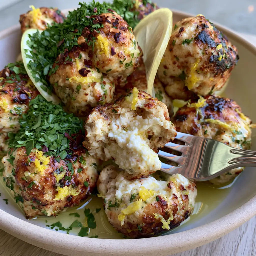 Chicken Ricotta Meatballs with a Glossy Lemon Butter Glaze 2 A silver fork breaking open a seared chicken meatball to reveal a creamy white ricotta interior. (Chicken Ricotta Meatballs)