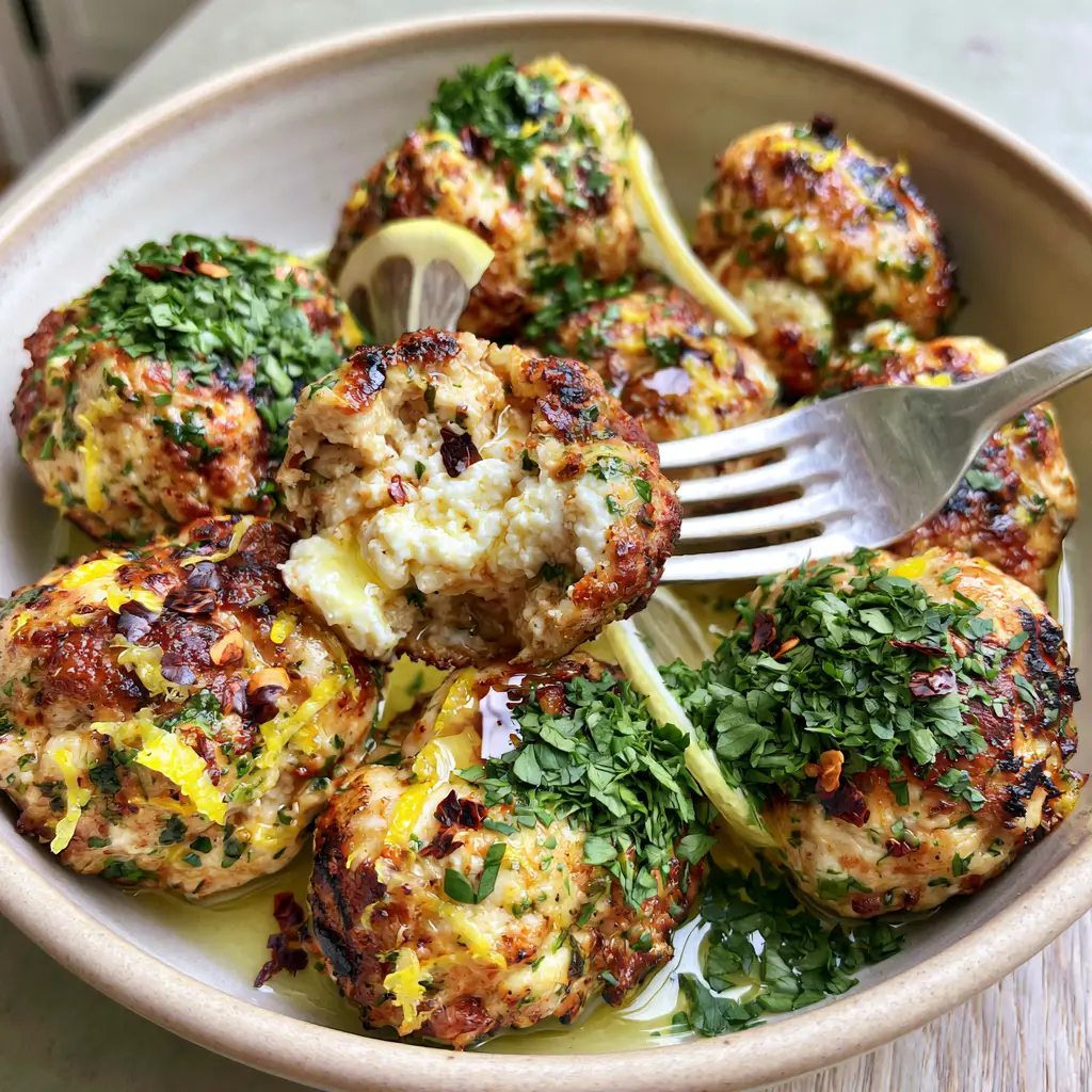 Chicken Ricotta Meatballs with a Glossy Lemon Butter Glaze 1 Modern shallow ceramic bowl filled with golden-brown Chicken Ricotta Meatballs garnished with parsley and lemon slices.