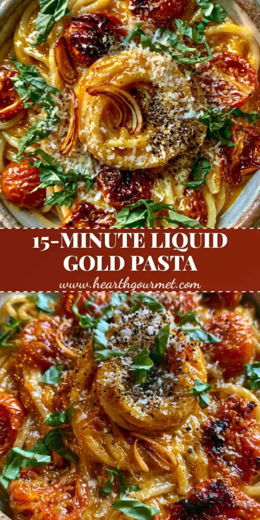 A close-up of Cherry Tomato Pasta in a ceramic bowl with blistered tomatoes, fresh basil, and micro-planed parmesan cheese.