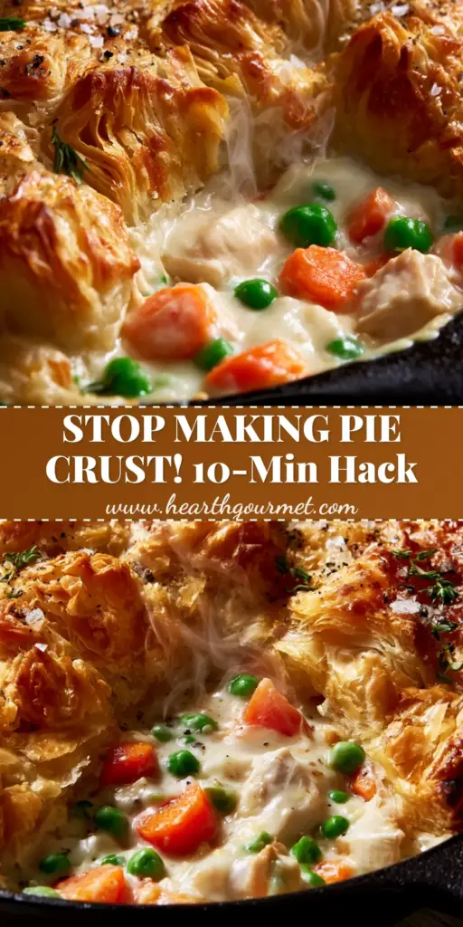 A close-up of a shattered golden puff pastry chicken pot pie in a cast iron skillet with steam rising.