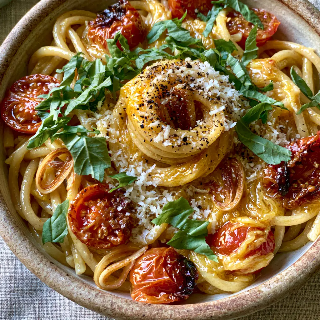 Detailed shot of snowy parmesan cheese melting over Cherry Tomato Pasta and toasted garlic slivers.
