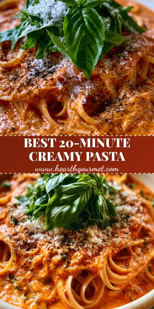 Creamy Basil Tomato Pasta with a Silky Tomato Cream Sauce 3 A vertical Pinterest graphic showing one-pot Creamy Basil Tomato Pasta in a ceramic bowl with fresh basil and parmesan flakes.