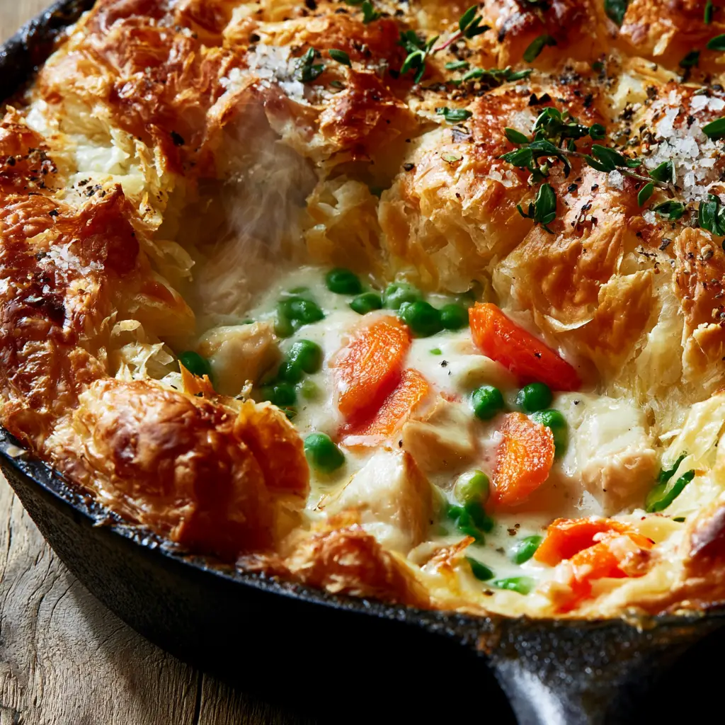 Macro view of bubbling cream sauce and vibrant vegetables under a shattered puff pastry crust. (Puff Pastry Chicken Pot Pie)