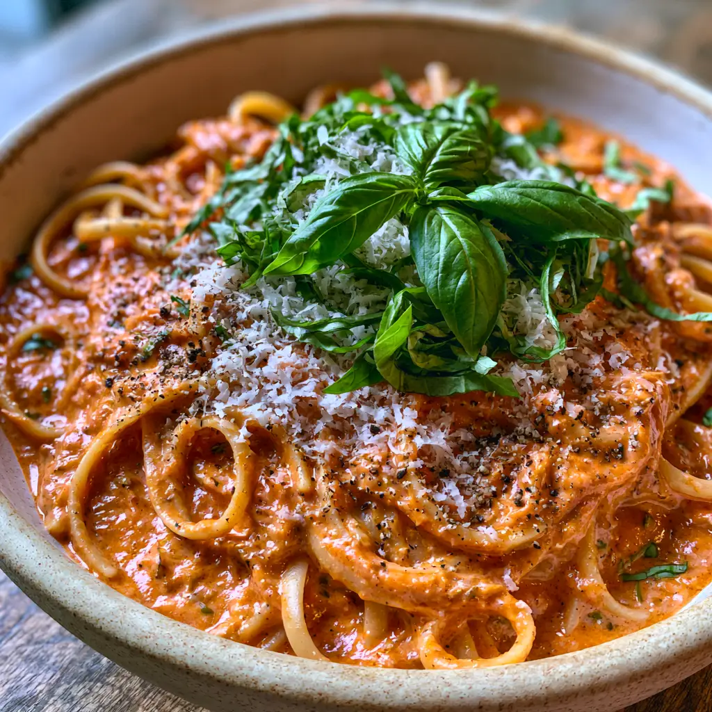 Creamy Basil Tomato Pasta with a Silky Tomato Cream Sauce 2 Extreme close-up of linguine noodles coated in a glossy orange-red tomato cream sauce with black pepper. (Creamy Basil Tomato Pasta)