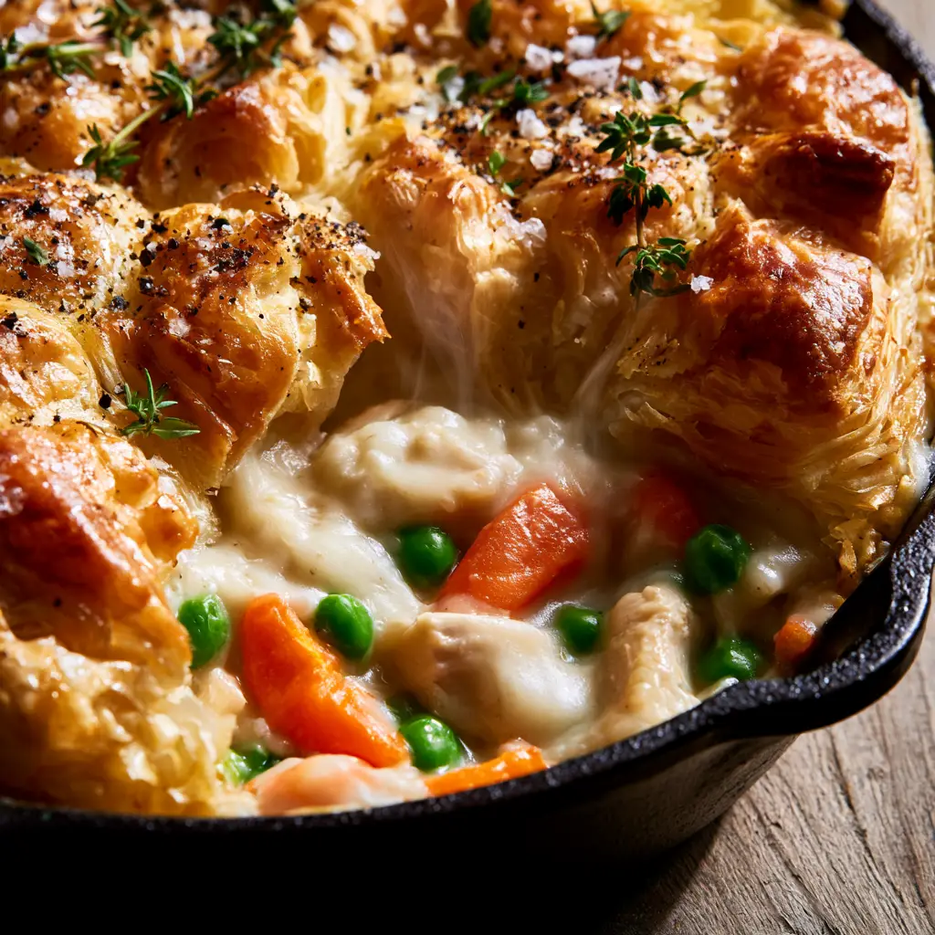 Bubbling skillet pot pie with thyme and sea salt garnish. (Puff Pastry Chicken Pot Pie)