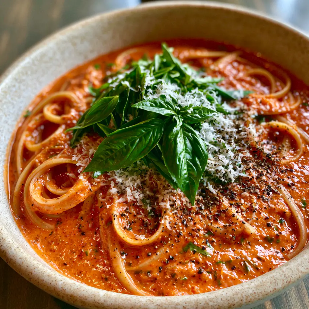 Creamy Basil Tomato Pasta with a Silky Tomato Cream Sauce 1 Creamy Basil Tomato Pasta served in a rustic matte-cream bowl garnished with whole basil leaves and fluffy parmesan cheese.