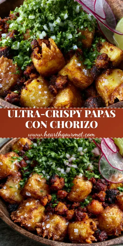 A rustic cast iron skillet filled with crispy golden-brown Yukon Gold potatoes and charred Mexican chorizo, garnished with cilantro and radishes. (Papas con Chorizo)