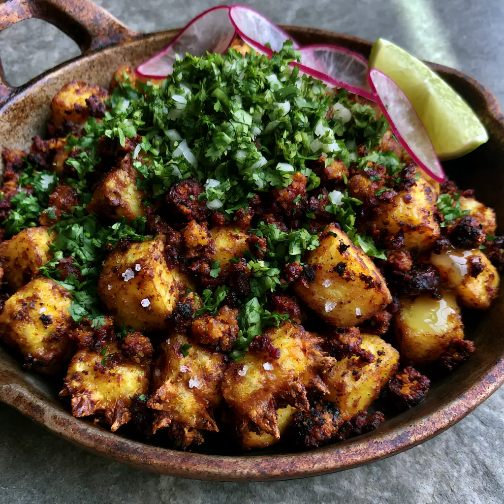 Close up photo of jagged crispy potato edges and rendered red oil from Mexican chorizo. (Papas con Chorizo)
