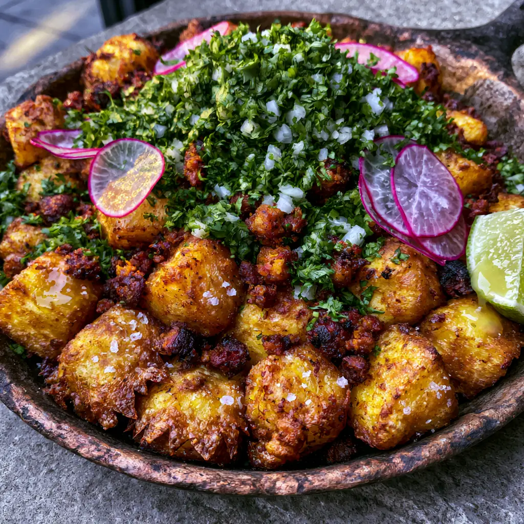 Top down view of Papas con Chorizo in a cast iron skillet with translucent radishes and lime juice droplets.