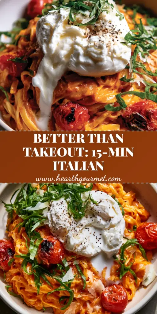 A towering mountain of glossy fettuccine in orange vodka sauce with oozing burrata and blistered tomatoes. (Italian dinner ideas)
