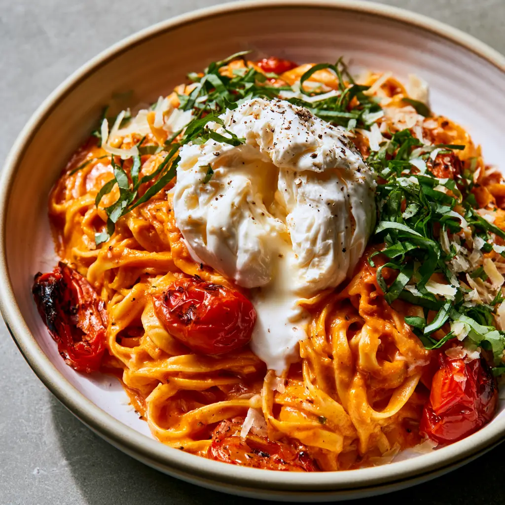 High-angle shot of fettuccine in vibrant sunset-orange vodka sauce with emerald green basil ribbons. (Italian dinner ideas)