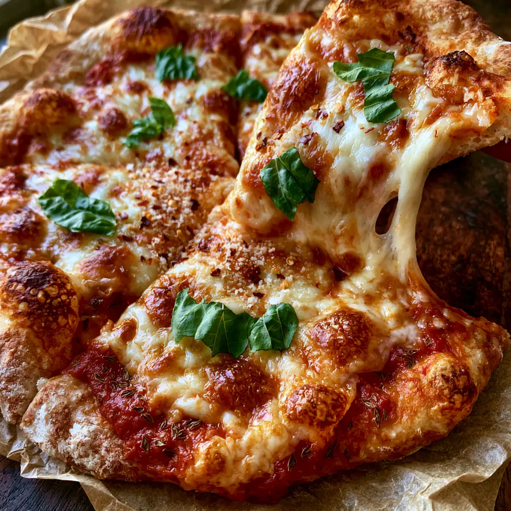 Easy Pizza Recipe: 10-Minute No-Yeast Thin Crust with Dramatic Cheese Stretch 1 A single slice of pizza being lifted from a dark wooden table, revealing a vibrant red sauce and melted mozzarella. (easy pizza recipe)