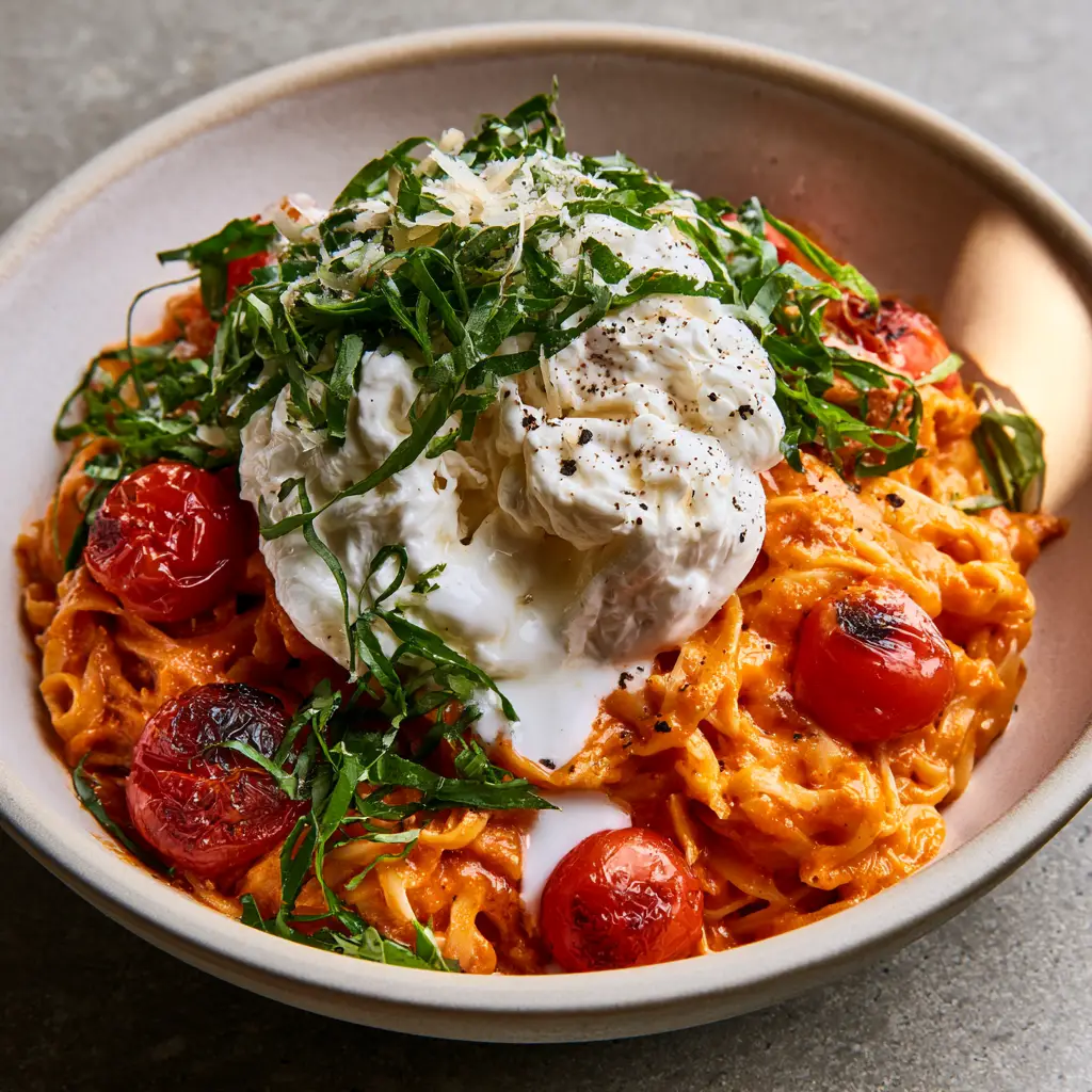 Creamy liquid center of burrata cheese oozing over orange pasta and charred cherry tomatoes.