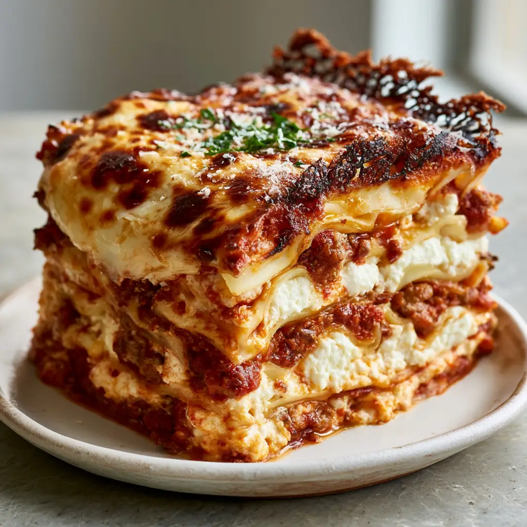 Macro side profile of best lasagna slice showing rich tomato ragu, creamy ricotta, and bubbling mozzarella cheese.