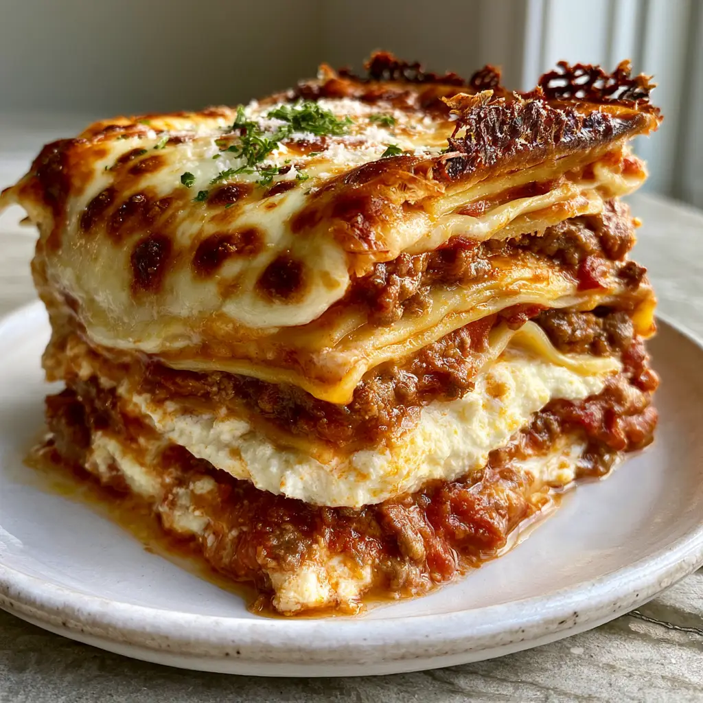 High resolution shot of a single lasagna slice with crispy lace-like burnt cheese edges and fresh parsley garnish.