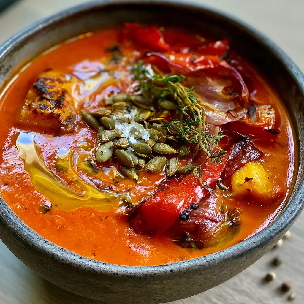 Close-up of a thick sunset-red vegetable soup recipe with visible toasted pumpkin seeds and fresh thyme. (vegetable soup recipe)