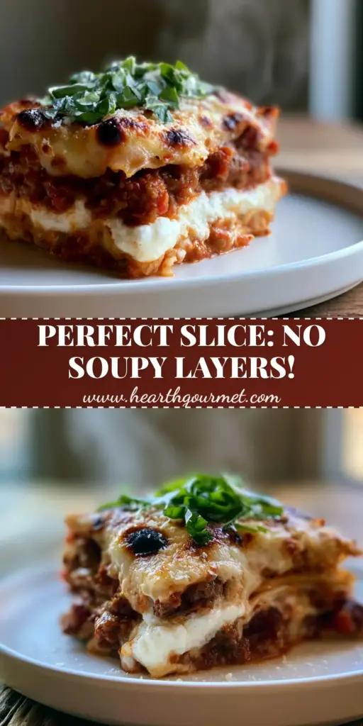 A perfect, thick square slice of the best lasagna recipe featuring golden bubbly mozzarella and charred spots on a white plate.