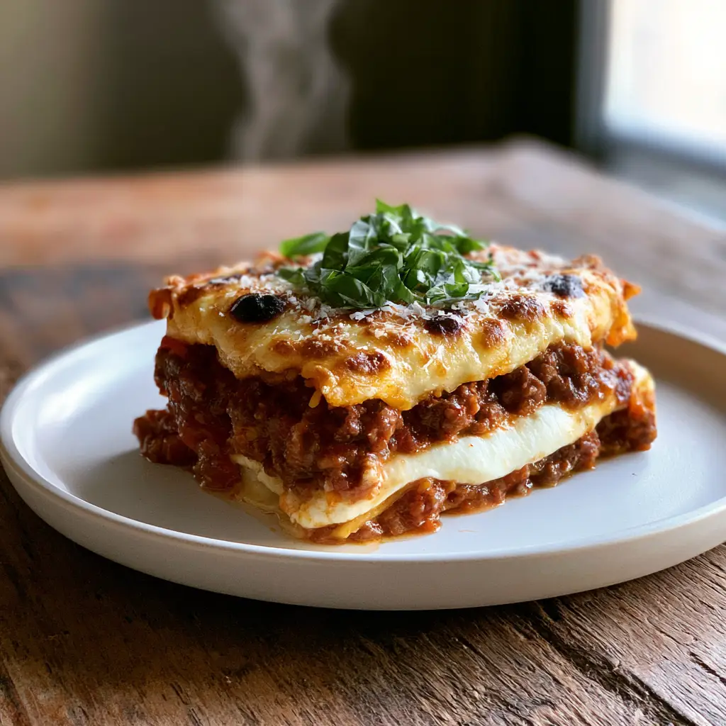Macro shot of lasagna layers with thick beef bolognese and creamy ricotta ribbon (best lasagna recipe).