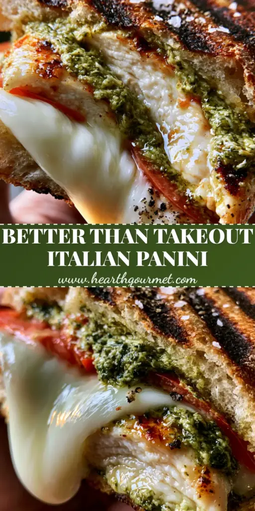 A close-up of a sliced Italian Chicken Panini with melted mozzarella cheese pull, pesto, and dark grill marks on ciabatta.