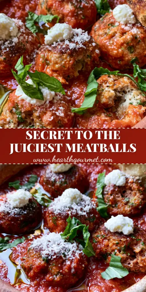 A rustic ceramic bowl featuring five large Italian Meatballs in red sauce with ricotta dollops and charred sourdough on the side.
