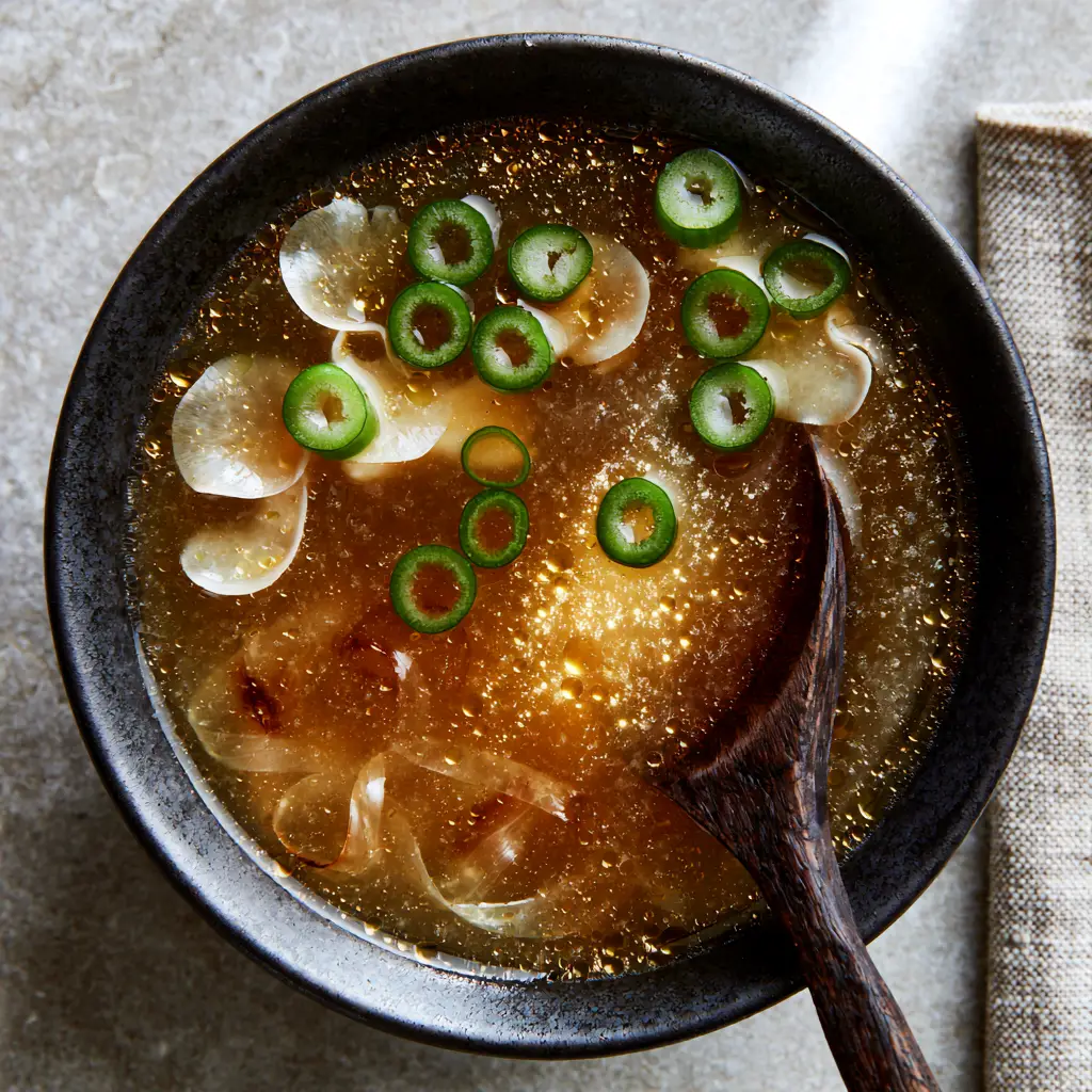 Home 8 Close-up of japanese clear soup showing shimmering golden oil droplets on a translucent surface.