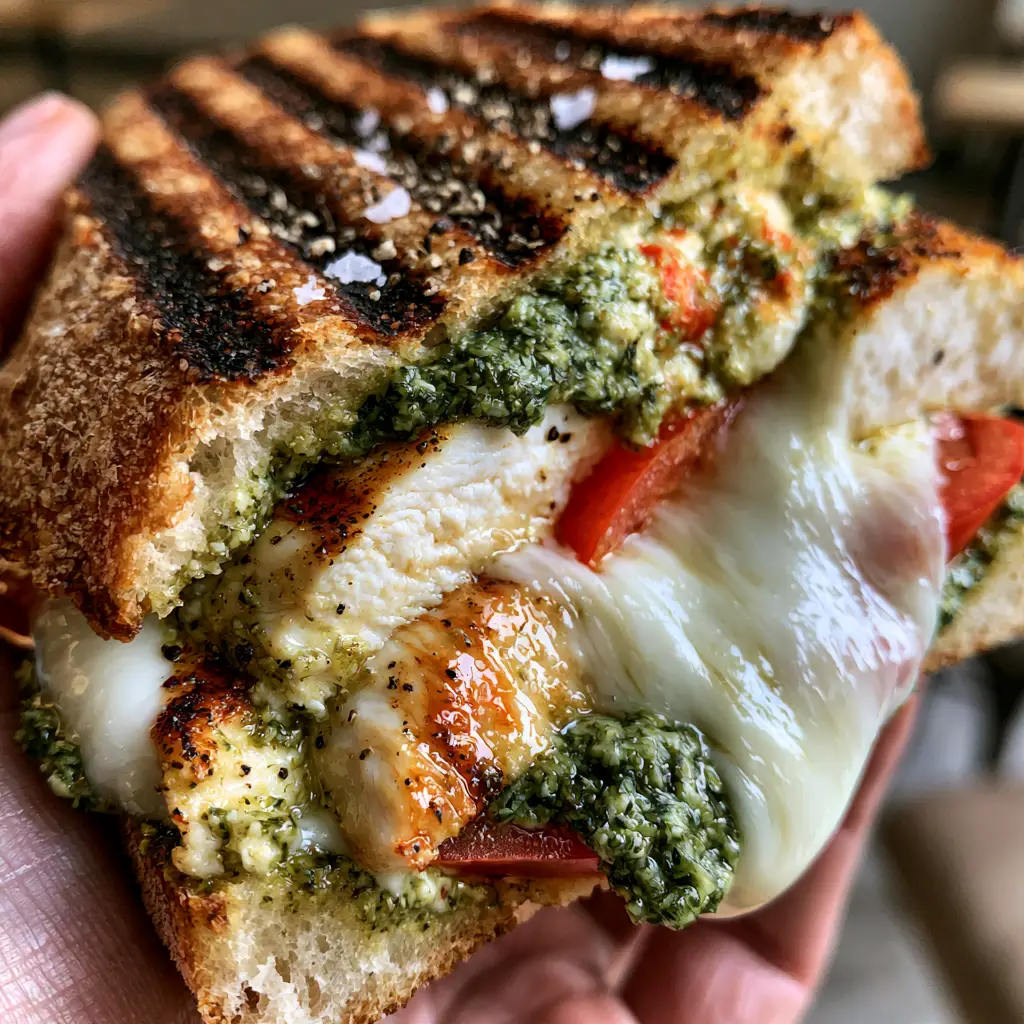 Extreme macro of Italian Chicken Panini showing glistening seared chicken breast and emerald green basil pesto.