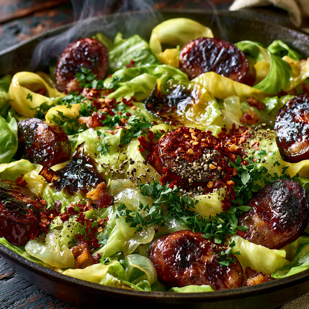 Extreme close-up of sizzling Fried Cabbage with Sausage showing caramelized kielbasa and vibrant green ribbons with charred edges.