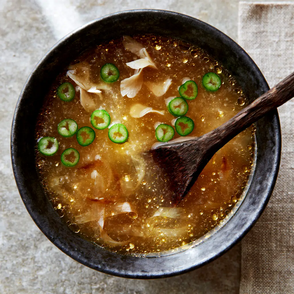 A rustic dark wood spoon submerged in a golden-amber japanese clear soup bowl.