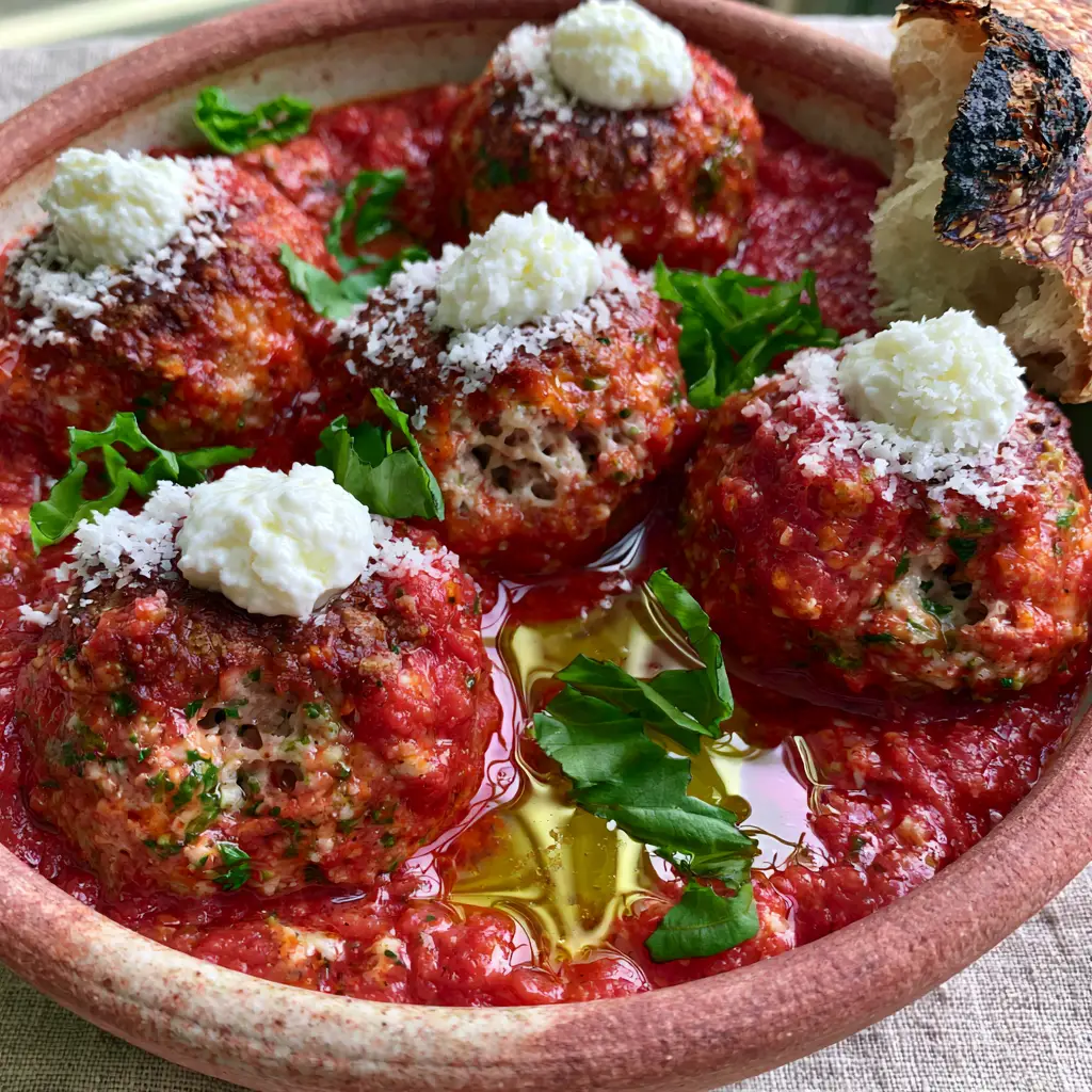 Extreme close-up of seared Italian Meatballs showing a browned crust and vibrant red marinara sauce.
