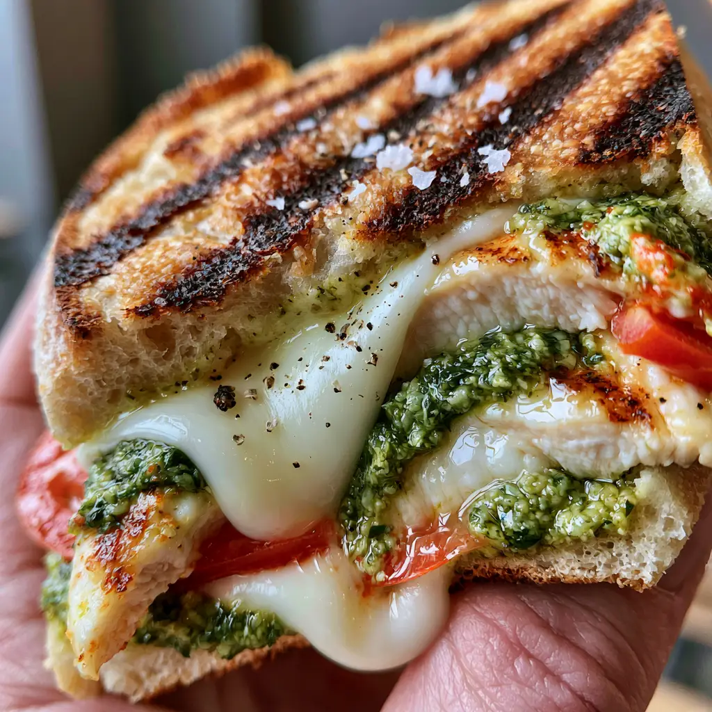 Slicing an Italian Chicken Panini with visible molten white mozzarella and coarse sea salt on the ciabatta crust.