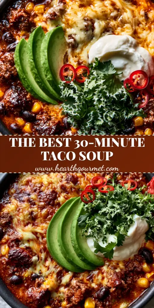 A close-up shot of a rustic bowl of easy taco soup recipe with melted cheese, avocado slices, and red corn chips.