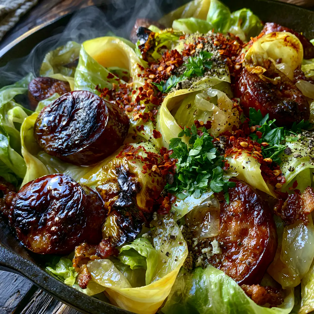 Fried Cabbage with Sausage garnished with red pepper flakes and fresh parsley in a cast iron pan.