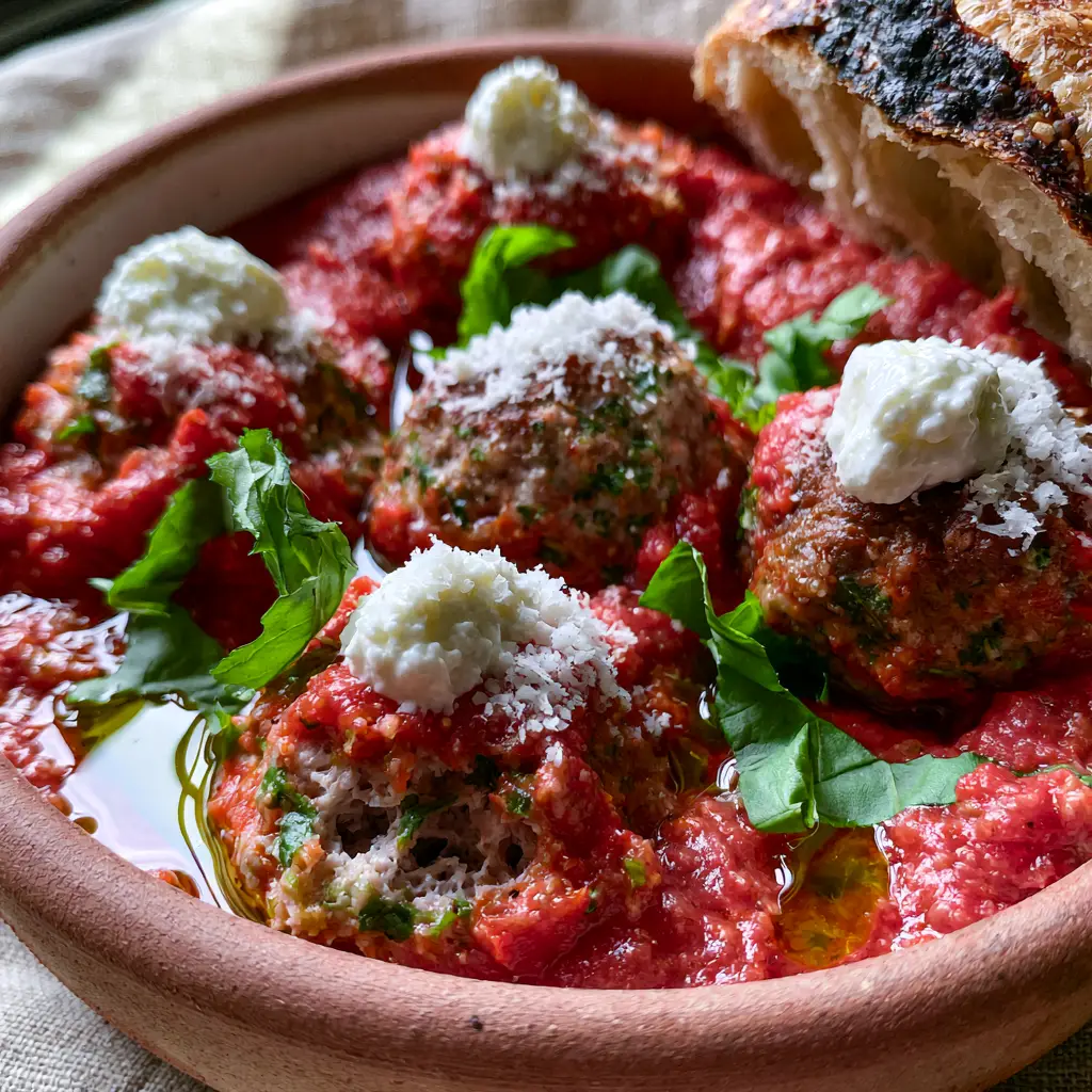 Italian Meatballs garnished with fresh ricotta dollops, micro-planed pecorino, and torn basil leaves.