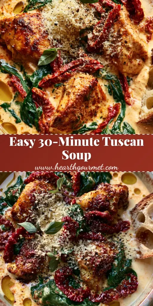A rustic ceramic bowl of Creamy Tuscan Chicken Soup with seared chicken, spinach, sun-dried tomatoes, and a sourdough bread slice. (Tuscan Chicken Soup)