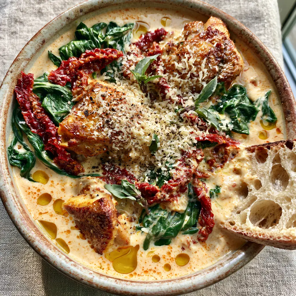 Smartphone photo of Tuscan Chicken Soup in a ceramic bowl with golden-brown chicken and vibrant green spinach. (Tuscan Chicken Soup)