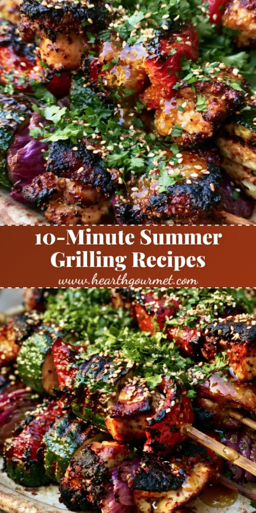 A rustic ceramic platter piled high with honey garlic chicken skewers, charred zucchini rounds, and blistered red peppers (summer grilling recipes).