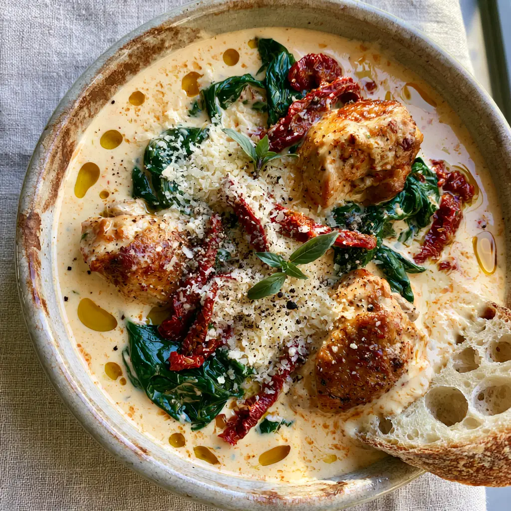 Close up of seared chicken thighs and sun-dried tomatoes in a creamy soup broth with parmesan dusting. (Tuscan Chicken Soup)
