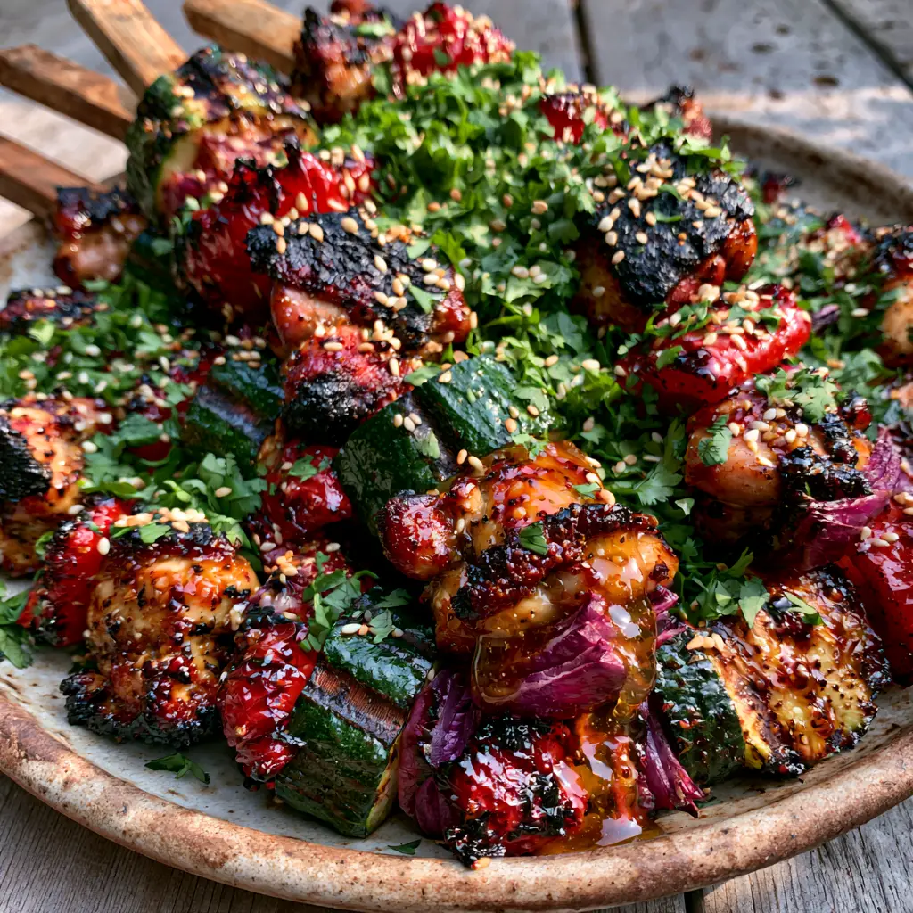 Handheld smartphone photo of grilled chicken and vegetable skewers with a glossy glaze and fresh cilantro (summer grilling recipes).